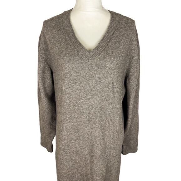 WEEKDAY Ellen V-Neck Knit Dress Light Brown Ribbed Long Sleeve Slit Size Small - Picture 8 of 11